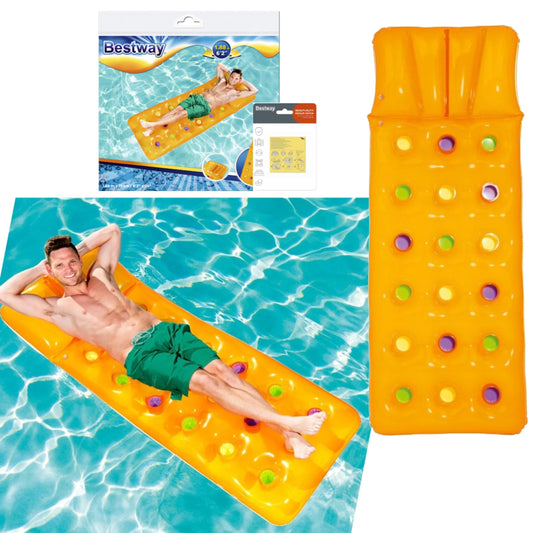 Pool Inflatables Lounger for Swimming Pool - Yellow Floating Mat Inflatable Float Raft Air Bed with a Pillow & Heavy Duty Patch Repair Kit. Sun Lounger with Topline Card. Great for Pool Summer Party