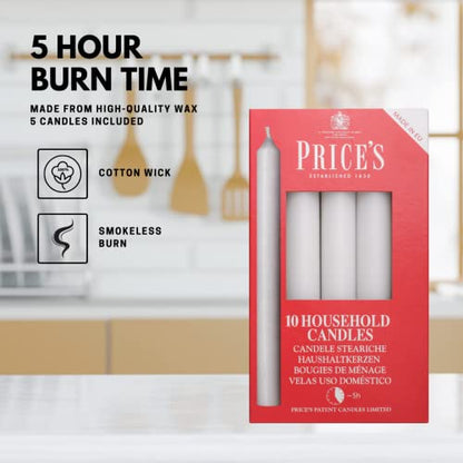 Price's - Household Candles - Pack of 10 - Unscented - 5 Hour Burn Time - Premium White Wax