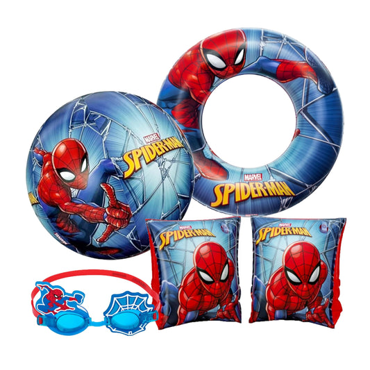 Swimming Float Pool Inflatables for Kids - Spiderman Pool Float Bundle of 20" Beach Ball, Arm Bands, Goggles & Swim Ring Tube for Swimming Pool Activities, Water Park, Beach Games with Topline Card.