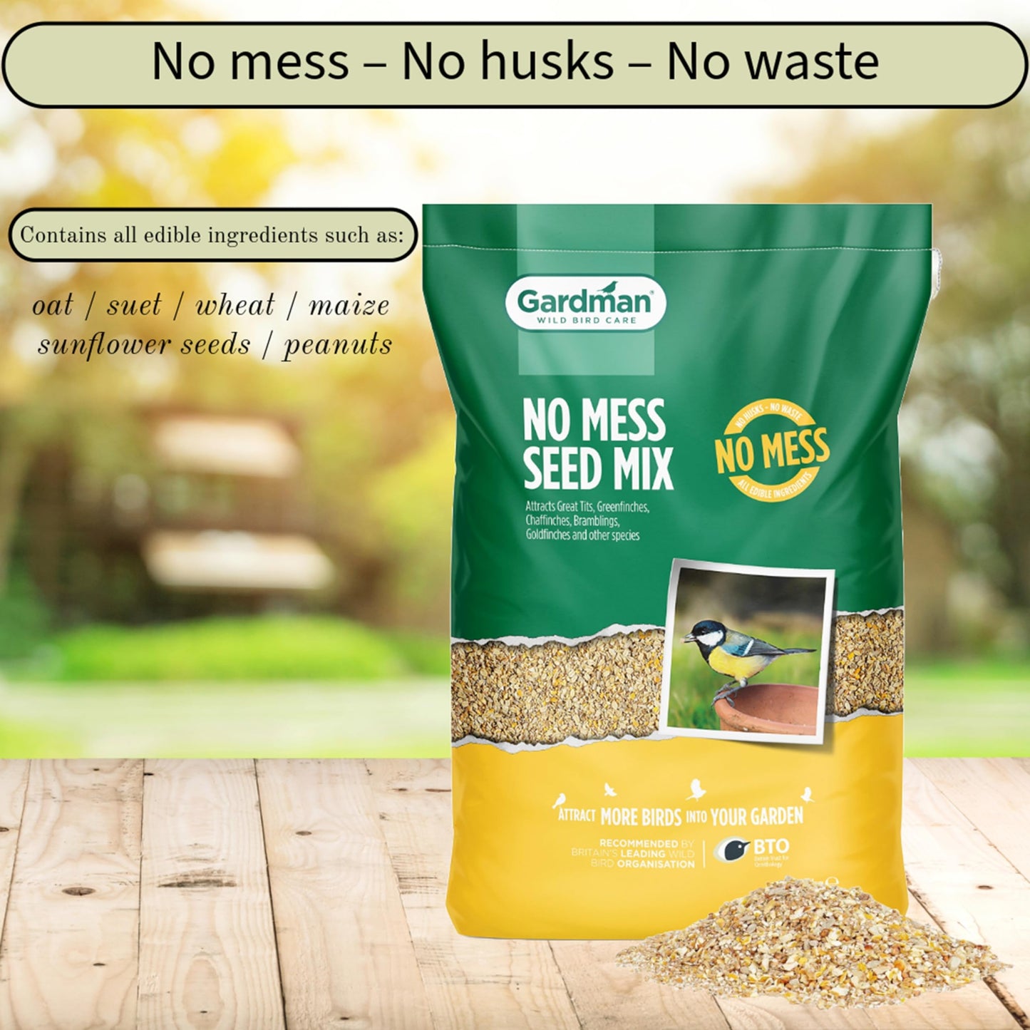 Gardman No Mess Seed Mix - 14.75kg for Small Garden Birds, Topline Card for Bird Feeders, Tables or Ground Feeding