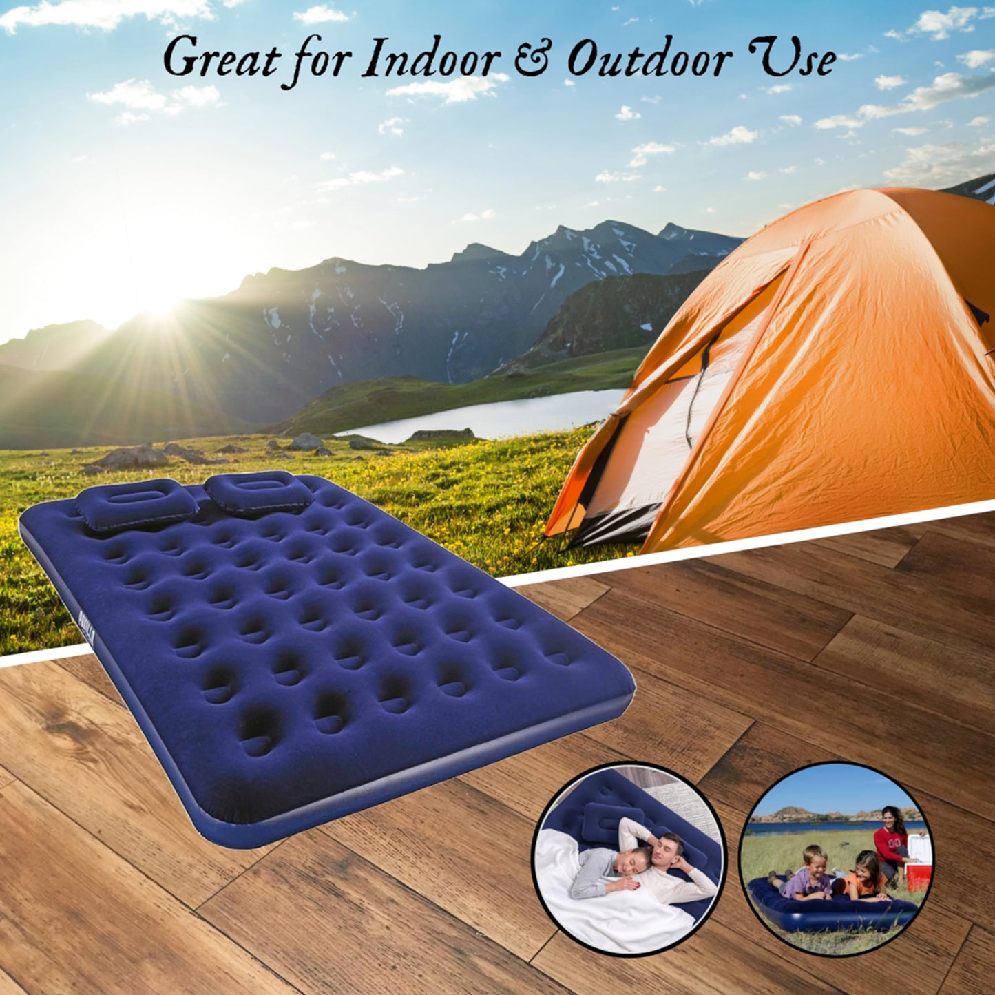 Topline Double Air Bed Inflatable Mattress Queen Blue with Pillows & Hand Pump