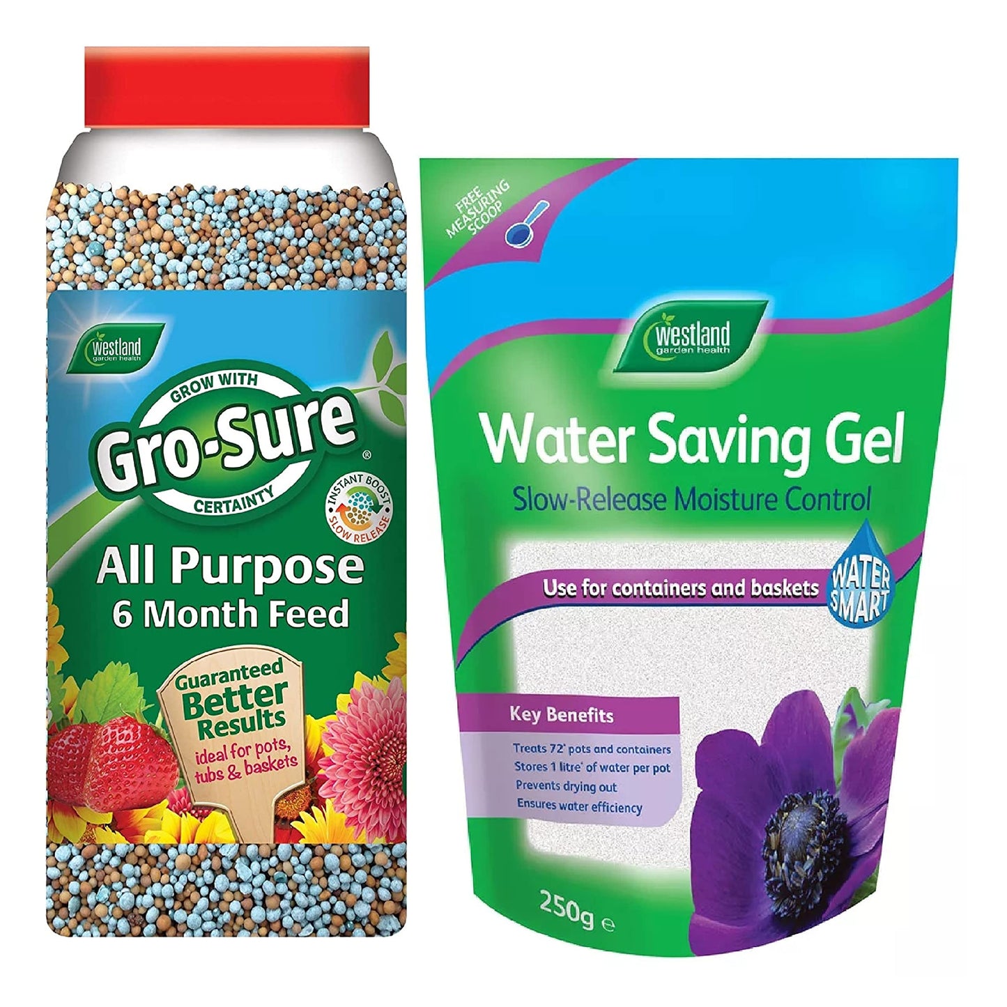 Outdoor Plants Food Fertiliser Bundle - Water Saving Gel 250g & Gro-Sure All Purpose 6-month Plant Food Granules 1.1kg with Topline Card for Slow Release Garden Compost Moisture Feeding Control.