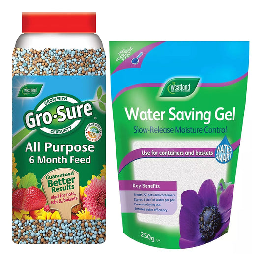Outdoor Plants Food Fertiliser Bundle - Water Saving Gel 250g & Gro-Sure All Purpose 6-month Plant Food Granules 1.1kg with Topline Card for Slow Release Garden Compost Moisture Feeding Control.