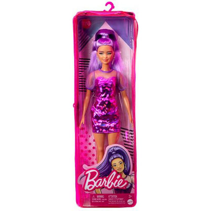 Barbie Fashionistas Doll Petite with Long Purple Hair in Metallic Dress